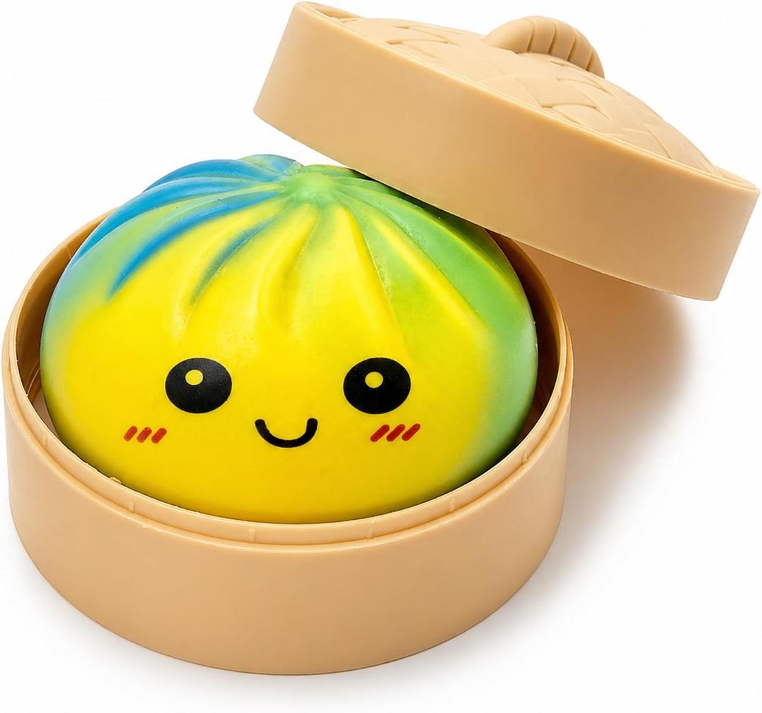 Rainbow Dumpling Squishies Stress Balls, Colorful Squishies Dumpling Fidget Sensory Toy with Food Steamer, Squeeze Dough Ball for Stress Relief, Stretchy Desk Toys Gift