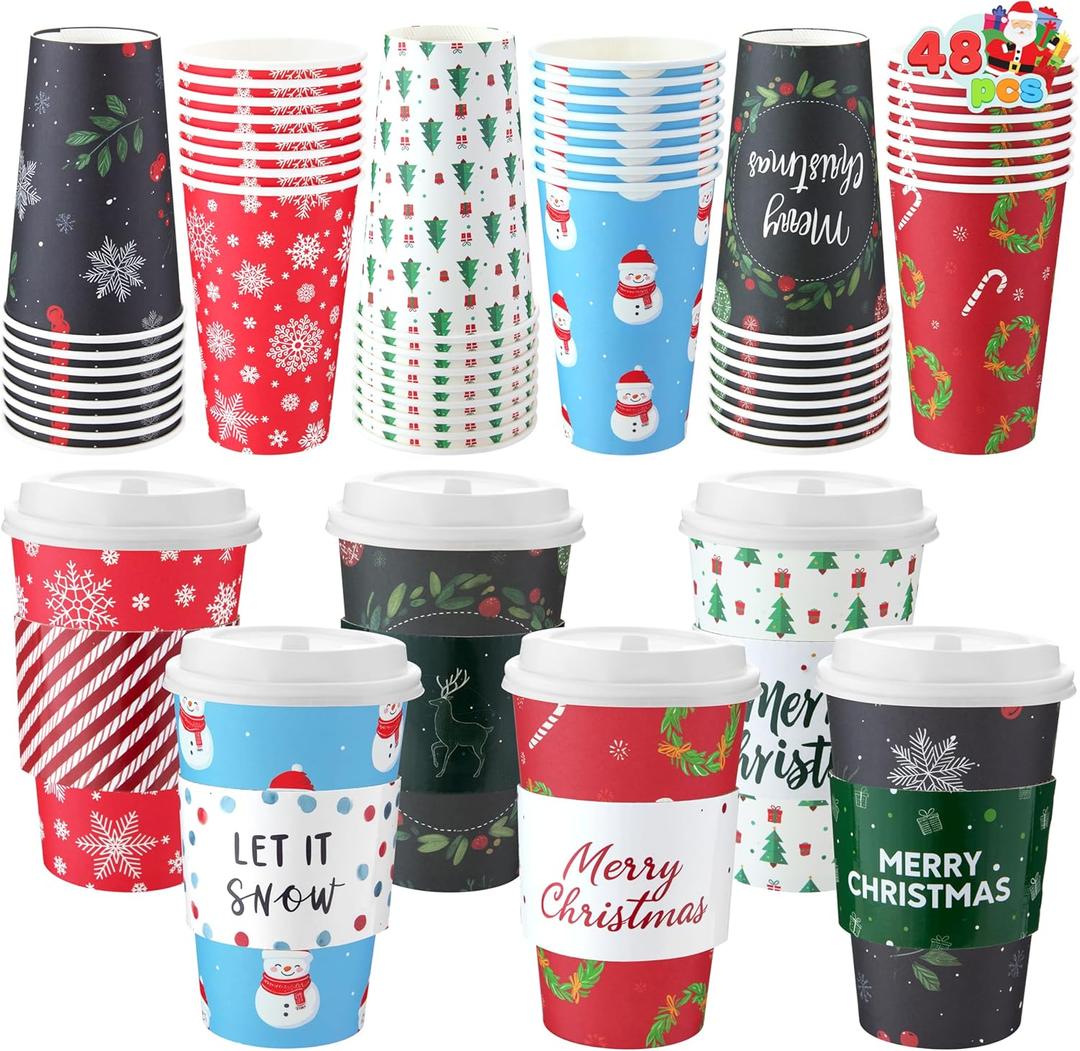 JOYIN 48 Pcs Christmas Paper Cups Disposable with Sleeves and Lids, 6 Designs 16 oz Xmas Drinking Paper Cups and Sleeves for Hot Chocolate Coffee Cold Beverage Holiday Tableware Winter Party Supplies