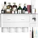 Bathroom Toothbrush Holder Wall Mounted with Automatic Toothpaste Dispenser - 5 Toothbrush Slots, 2 Drawers, No Drilling Bathroom Organizer for Toothbrushes, Toothpaste, Cosmetics, Razors - White