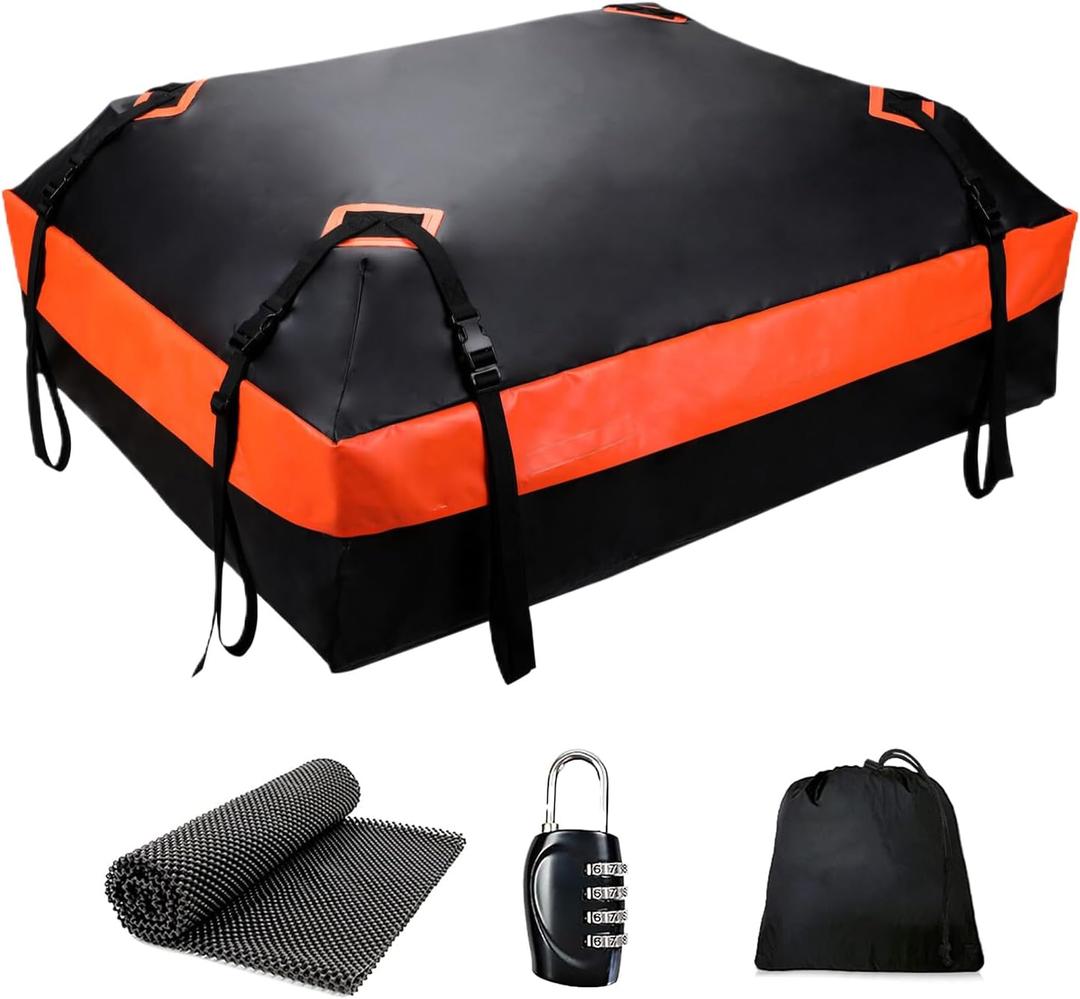 Car Rooftop Cargo Carrier Roof Bag Waterproof for All Top of Vehicle with/Without Rack Includes Topper Anti-Slip Mat + Reinforced Straps + 64Door Hooks + Luggage Lock