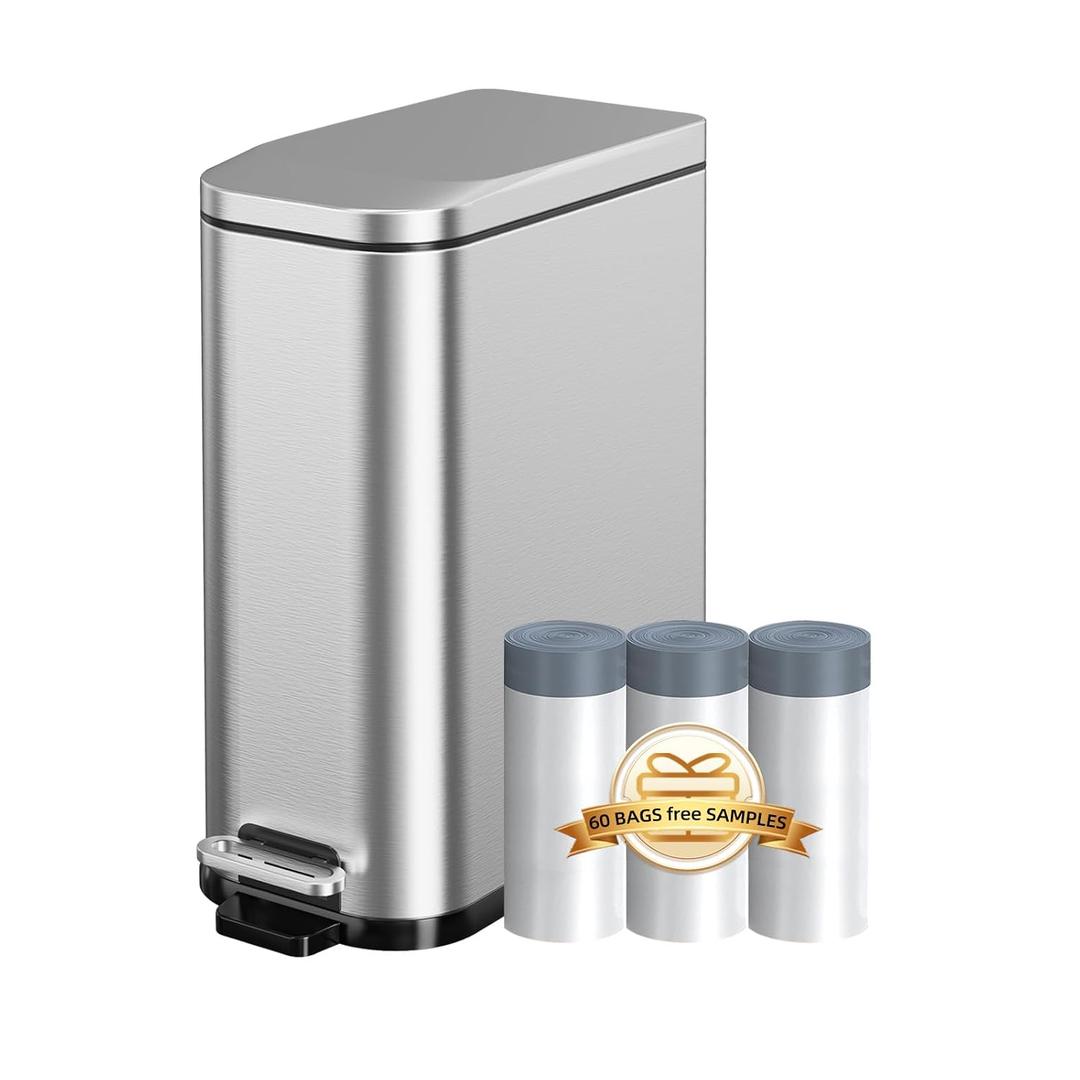 Bathroom Trash Can with Soft Close Lid, 15L/ 4 GallonRectangular Trash Can with Removable Wastebasket, Step Pedal, Slim Wastebasket for Bedroom, Home Office,Silver