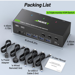 KVM Switch 3 Monitors 3 Computers 8K@60Hz 4K@144Hz, ANGEET HDMI and Displayport