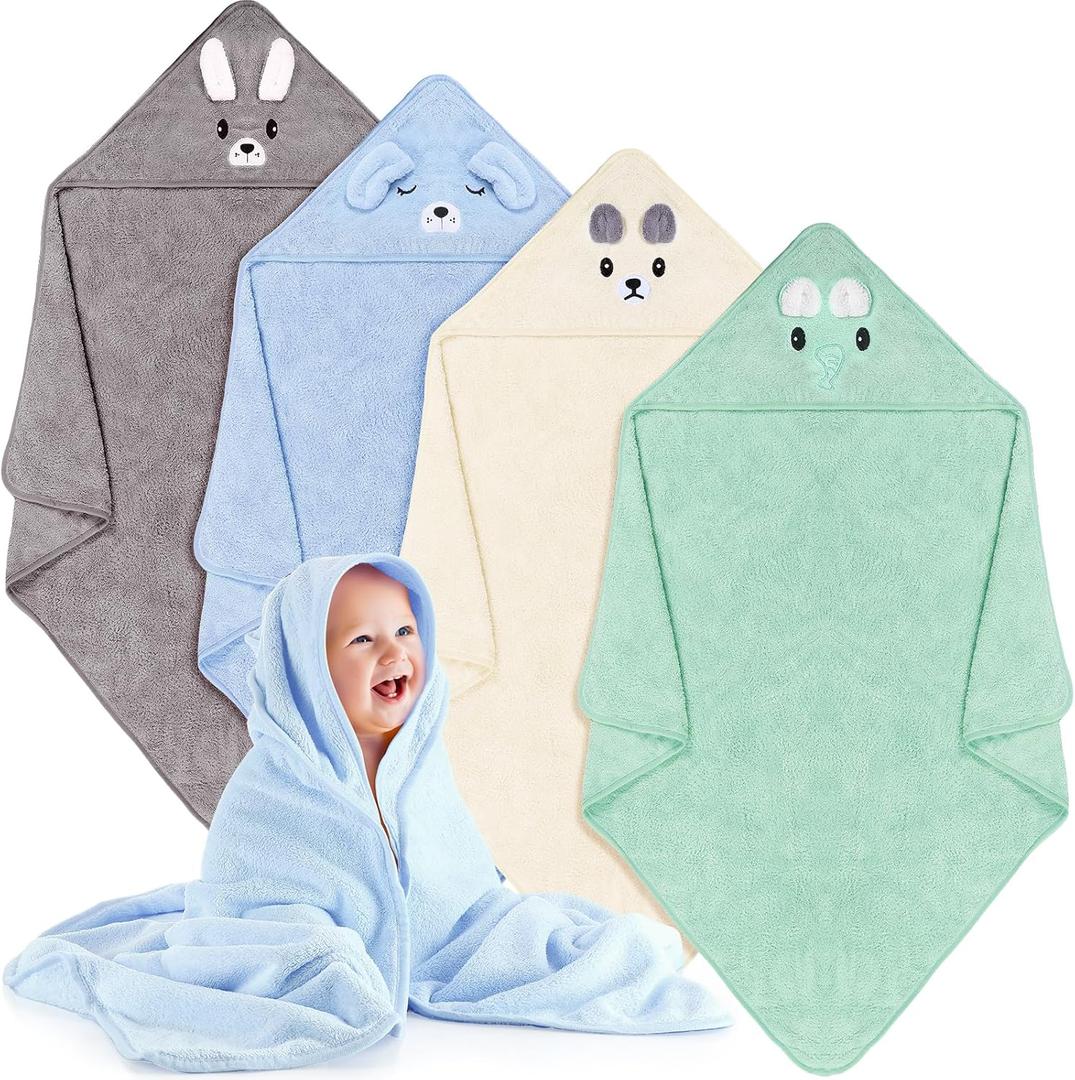 Preboun 4 Pcs Baby Bath Towel Coral Fleece Baby Hooded Towel Absorbent Soft Towels for Newborn Cartoon Animal Hooded Bath Blanket for Kids Toddler Infant Shower (Cute Style)