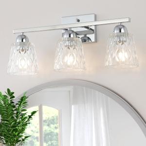 Mecgirn Stainless Steel Bathroom Vanity Light Over Mirror, 3 Light Polished Chrome Bathroom Light Fixtures with Textured Glass Shades, Modern Vanity Lighting Wall Mount