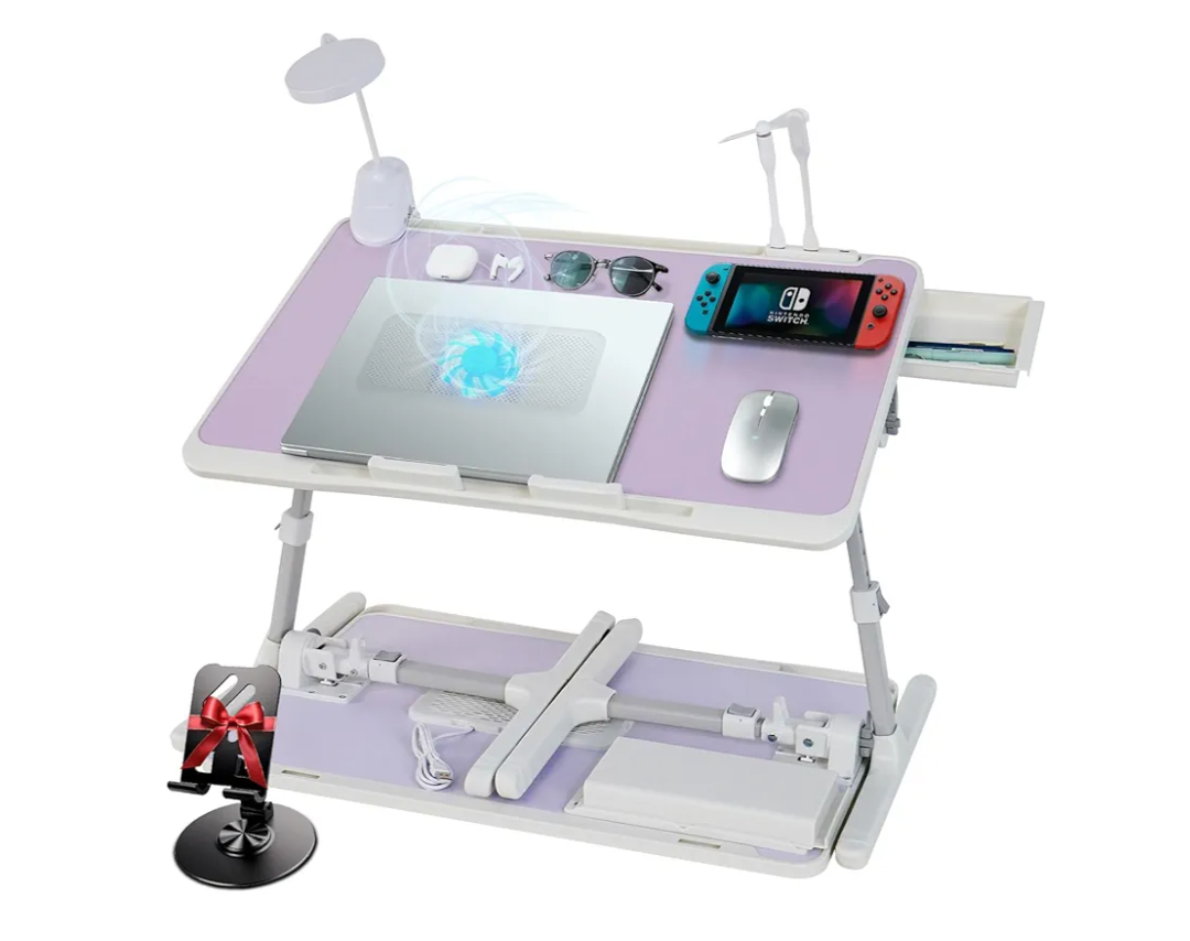 iXTRA Laptop Lap Desk Include Cooling Fan,Adjustable Lap Desk with Light Fan,Folding Laptop Desk for Bed with USB,Bed Desk with Storage Drawer 56x32cm,Purple