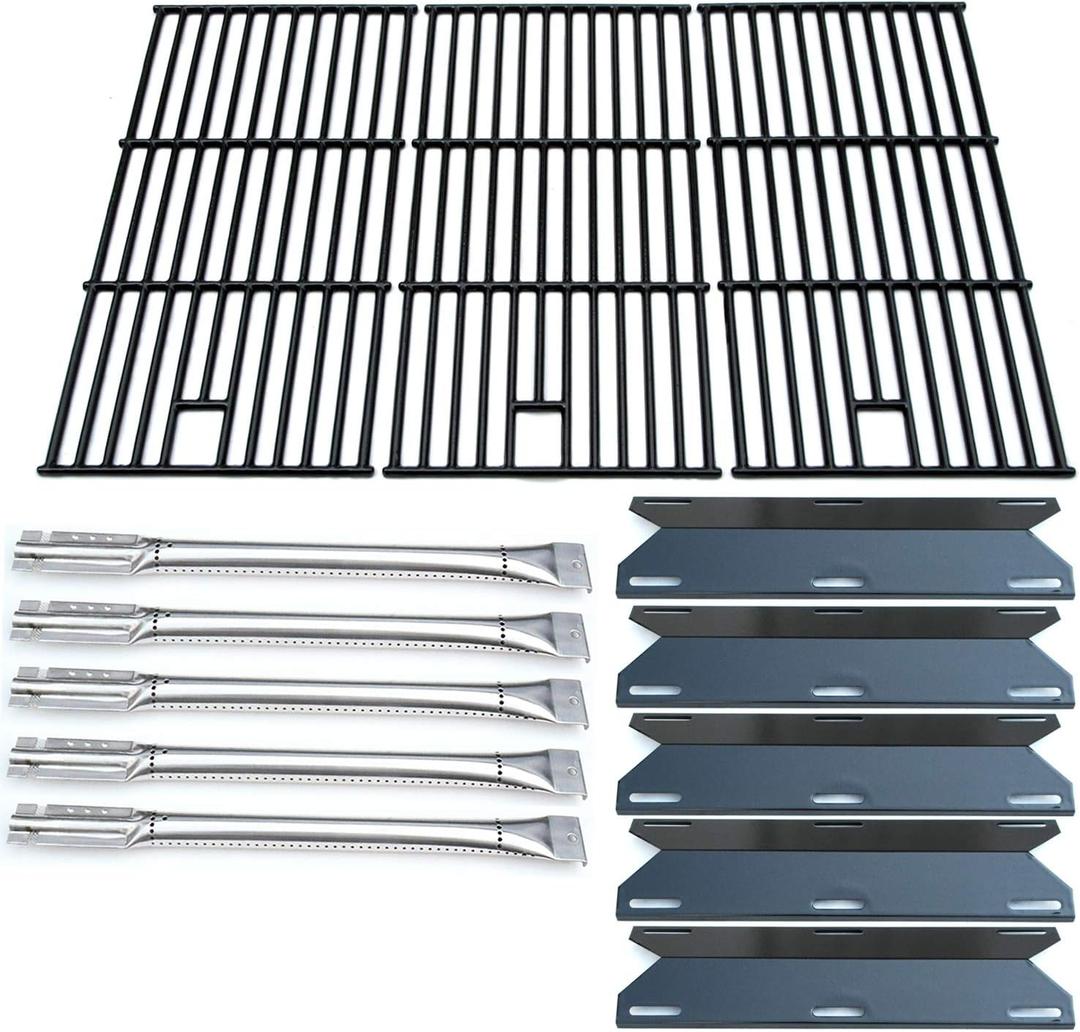 Parts Kit DG180 Replacement for Perfect Flame 5 Burner 720-0522; Charmglow 5 Burner 720-0396,720-0578 Gas Grill(SS Burner + Porcelain Steel Heat Plate + Porcelain Cast Iron Cooking Grid)
