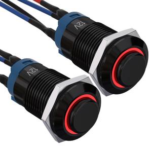APIELE 12mm Latching Push Button Switch Pre-Wired 150mm High Round Head Aluminium Alloy 1NO 1 Normally Open with Ring Led Pack of 2 (Red) (Black Shell-Red)