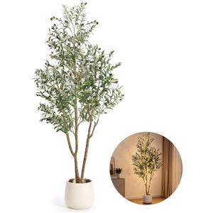 7FT Artificial Olive Tree with Lights & Planter, Tall Faux Olive Plant