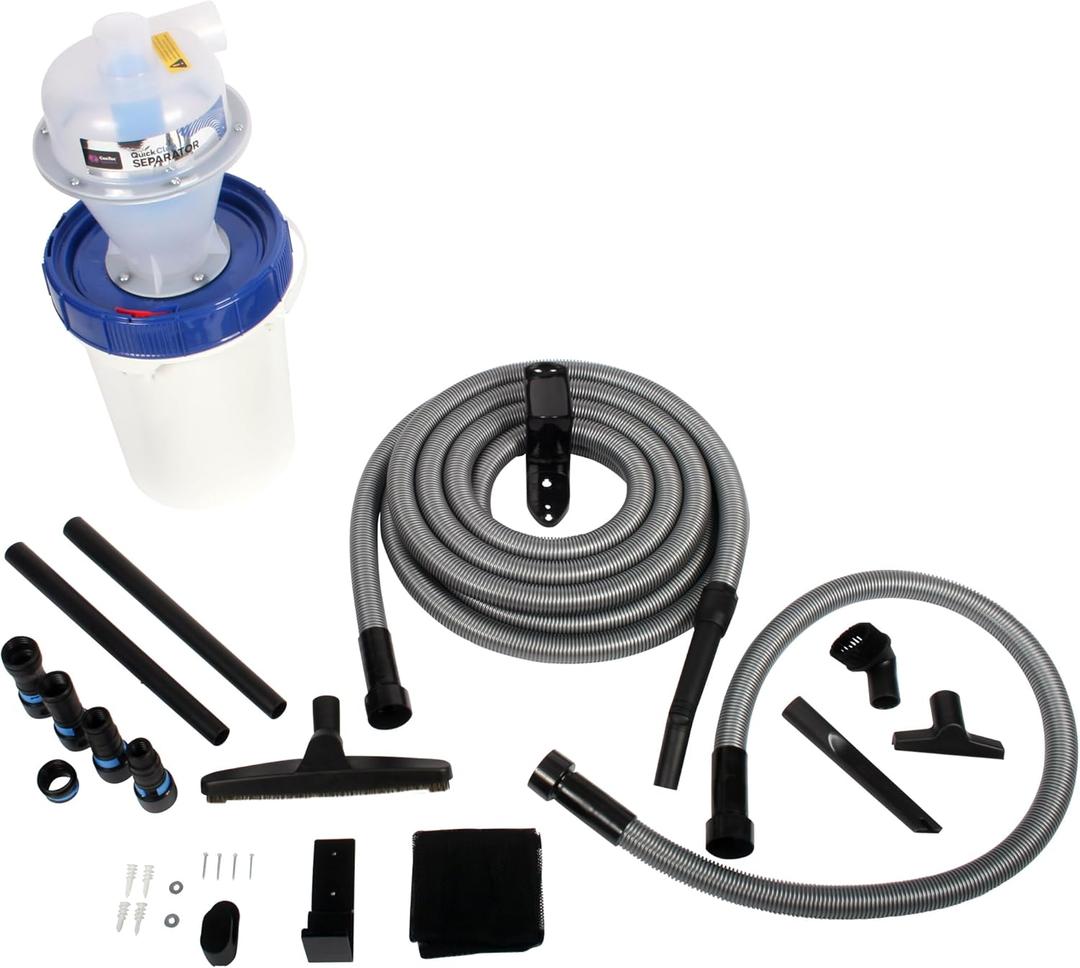 Wall Hung Quick Click Dust Separator with Locking 5 Gallon Collection Bin, Power Tool Adapter Set, and 30 Ft. Hose Shop Vacuum Attachment Kit