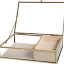 Ylu Yni Glass Jewelry Organizer Box Clear Keepsake Case with Gold Frame with Velvet Tray and Trinket Chest inside, Display Box for Earring Ring, Necklace Mothers Day Gifts (Cream Yellow)