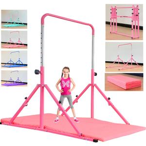 MARFULA Foldable Gymnastic Bar for Kids Ages 3-12, 9 Height Levels, 200 lbs Weight Capacity, 5 Ft Length Gymnastic Kip Bar with Mat, Gymnastic Equipment for Home and Gym Center Indoor Outdoor Use