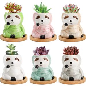 Okllen 6 Pack Sloth Planter with Bamboo Tray, Ceramic Small Succulent Planter Cute Animal Planters Pots, Cactus Flower Pot Container Sloth Gifts for Air Plant, Plant Lover, Indoor Outdoor, 6 Colors