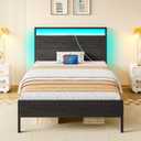 Rolanstar Bed Frame Twin Size with Charging Station, LED Twin Bed Frame with Wood Headboard, Platform Bed with Metal Slats & Under Bed Storage, No Box Spring Needed, Noise Free, Black Oak