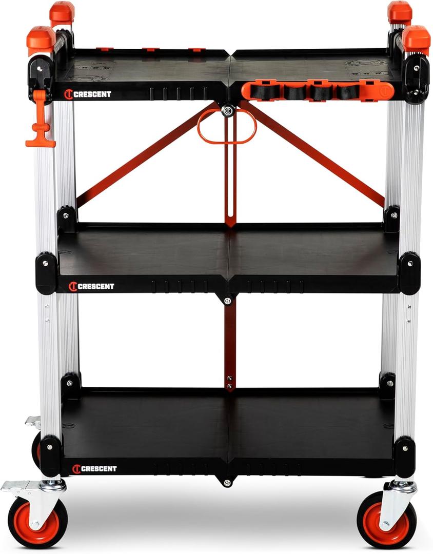 Crescent SITERUNNER, 3 Shelf Heavy Duty Folding Jobsite Cart - 300-lb Capacity, F3SCBL, 30"D x 8"W x 6"H