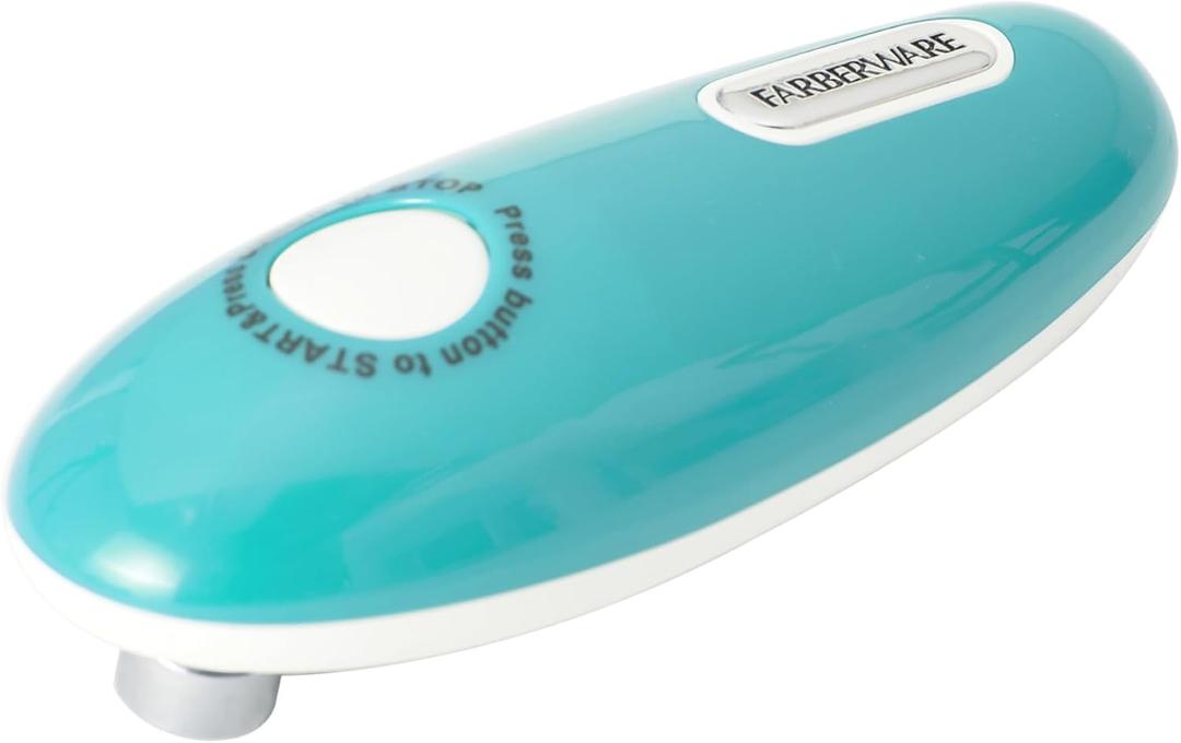 Farberware Compact Battery Operated Hands-Free Automatic Can Opener for any Size Can with Magnet to Safely Remove Lid, Seamless Opening Decreases Sharp Edges for Easily and Safely Opening Cans, Aqua (9.06 x 2.56 x 2.17 Inch)