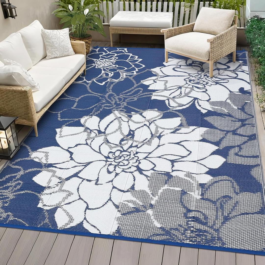 COZYLOOM Large Outdoor Rugs 9x18 Waterproof Plastic Straw Rug for Patio, Reversible Modern Flower Camping Rug with Portable Bag & Stakes, Foldable & UV Resistant, Outdoor Carpet for Yard Deck, Navy