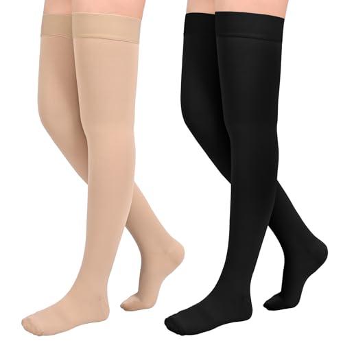 2Pairs Ktinnead 20-30mmHg Thigh High Compression Stockings for Women, Closed-Toe Thigh High Compression Socks, Medical Compression Stockings for Pregnant, Teacher, Doctor, Varicose Veins, lymphedema,Close Toe-Beige+Close Toe-Black
