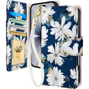 Toycamp for iPhone 17 Wallet Case with Wrist Strap - Leather Flip Folio Phone Case with RFID Blocking 4 Card Holder for Apple for iPhone 17 Funda Cute Aesthetic for Women Ladies, White Flower