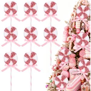 2 x Geelin 8 Pcs Candy Cane Christmas Tree Decorations Lollipop Ornaments Xmas Tree Peppermint Hanging Decor Plastic Pink Candy Handcrafted Ornaments for Home Office Holiday Decoration Party Favors
