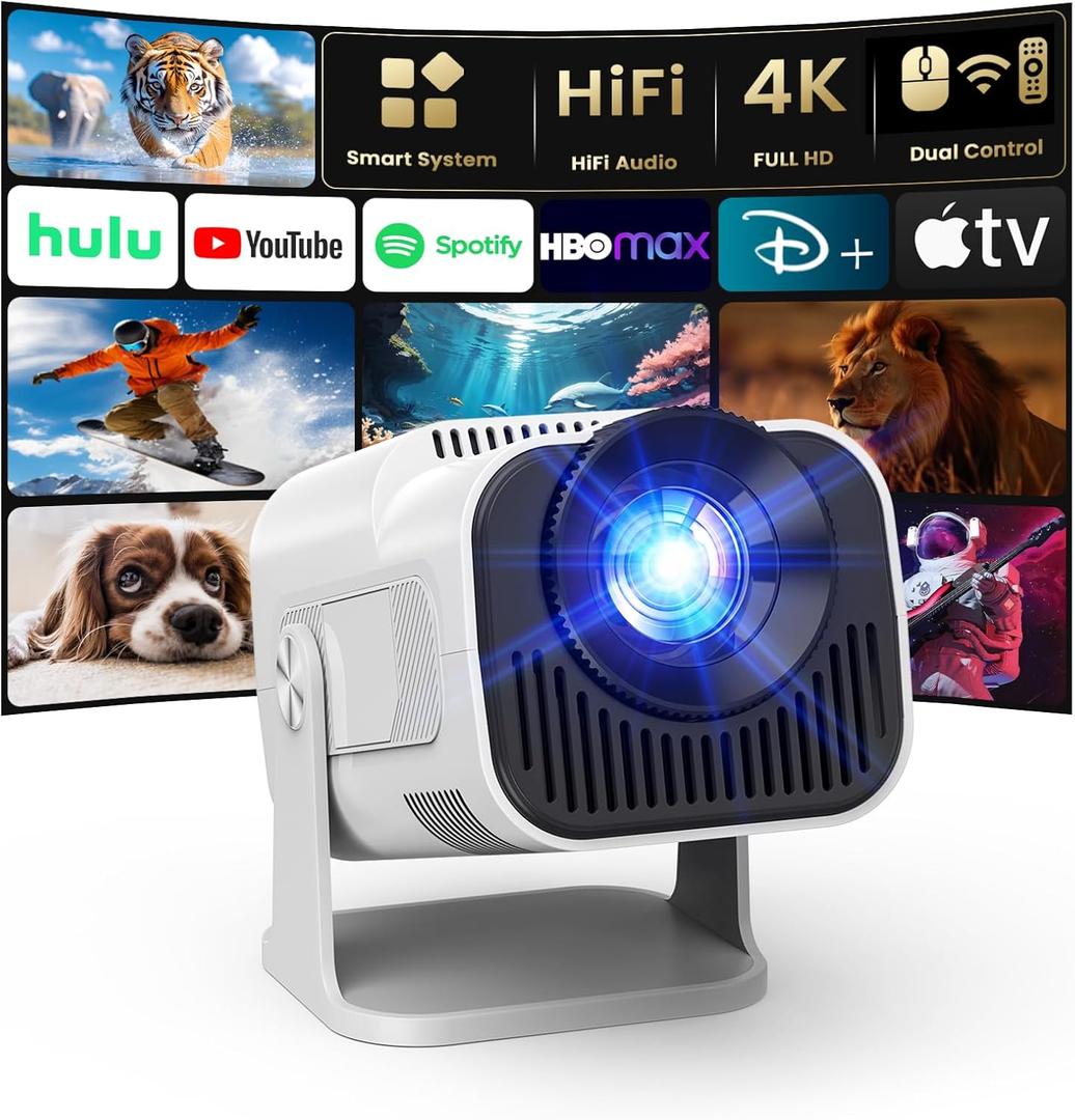 4K Projector with Wifi and Bluetooth, 1080P Native Mini Projector Portable, Compatibile with TV Stick/Memory Stick/Laptop, Smart Home Outdoor Projector-Beige