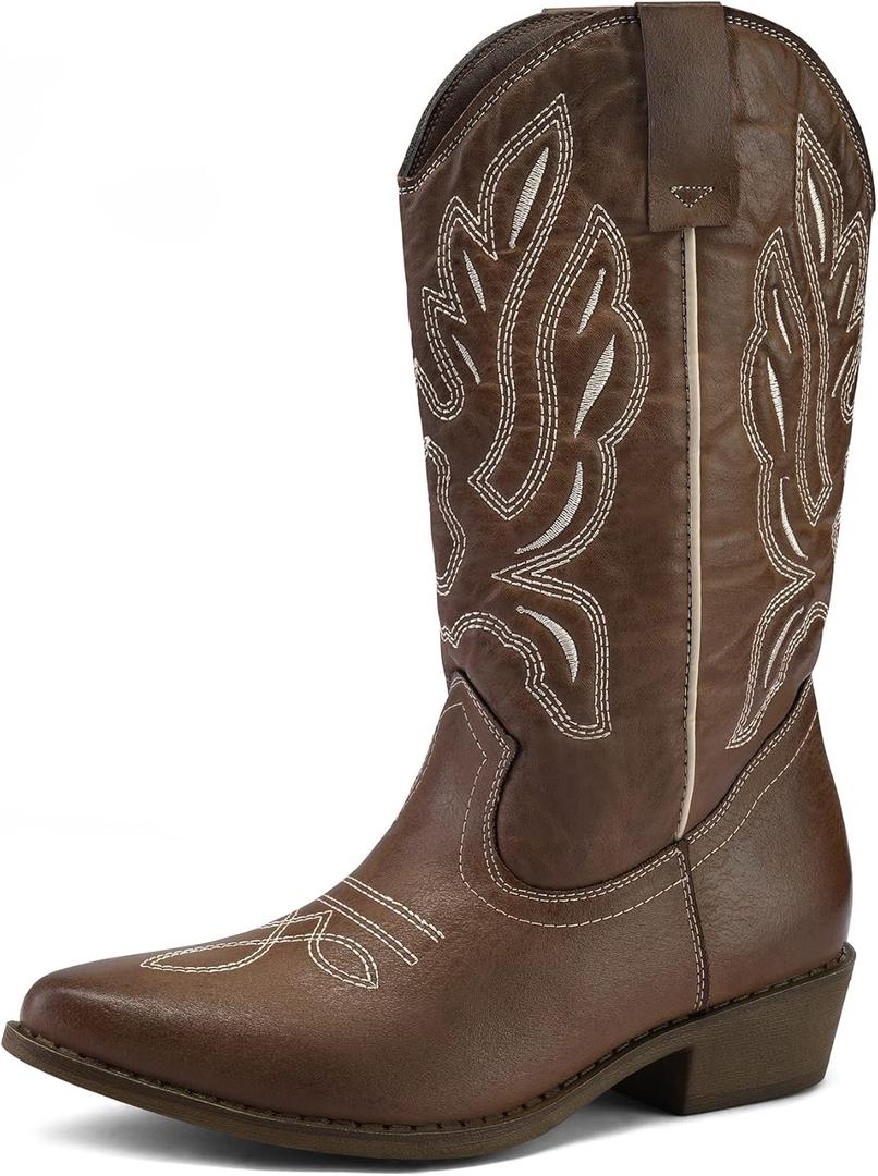 mysoft Women's Western Cowboy Boots Embroidered Mid-Calf Pointed Toe Cowgirl Boot (7, Brown)