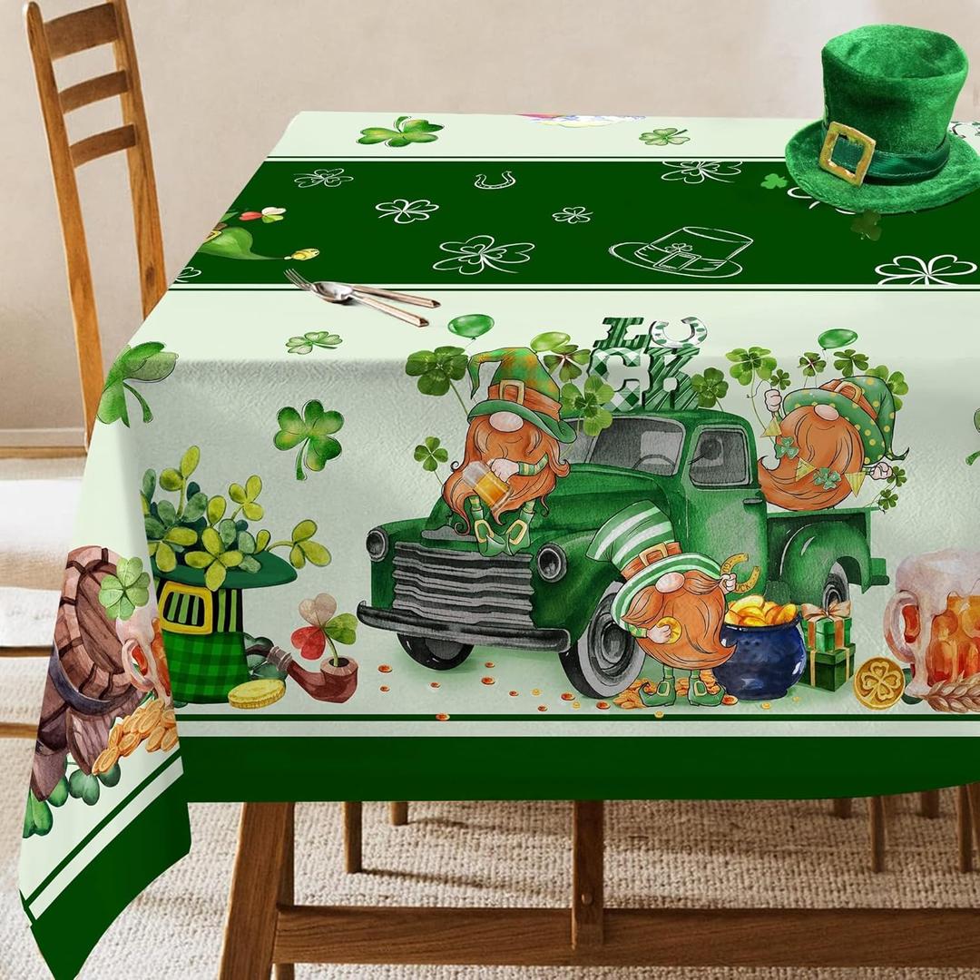 Hexagram St Patricks Day Tablecloth Rectangle 60 x 84 Inch, Green St Patrick's Day Shamrocks Table Cloth Gnome Truck Cover for Party Home Dinner Decor