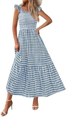 PRETTYGARDEN Womens Summer Dress Casual Square Neck Ruffle Strap Gingham Smocked Midi Flowy A Line Beach Vacation Sun Dresses size XL
