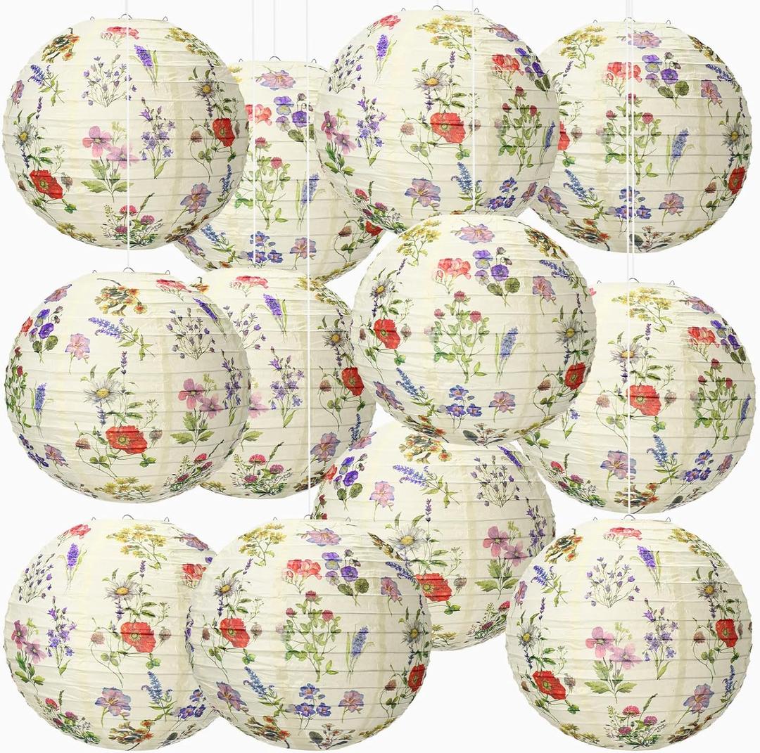 Honoson 12 Pcs Floral Paper Lantern Party Decorations Tea Party Decorations 10 Inch Flower Wildflower Summer Hanging Round Paper Lanterns for Bridal Shower Wedding Birthday Spring Supplies