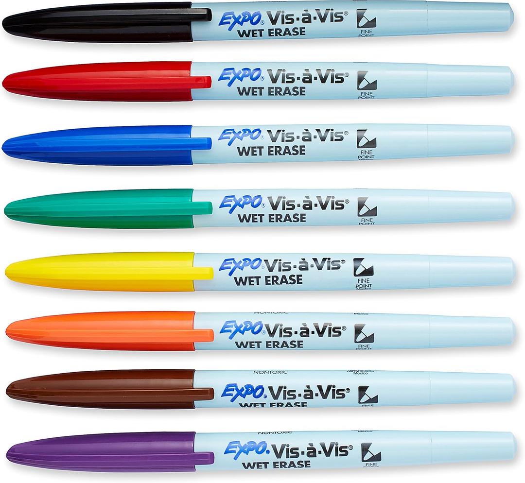 EXPO 16678B Vis-A-Vis Wet-Erase Overhead Transparency Markers, Fine Point, Assorted Colors, 8-Count