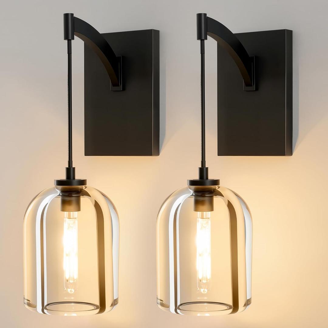 Crystal Brass Hemisphere Wall Sconce - Set of 2 Black Brushed Dimmable Sconces with Bulbs - Modern Hanging Light Decor - Luxury Indoor Lighting Fixture for Bedroom Living Room Bathroom Vanity Hallway, 2 Pack