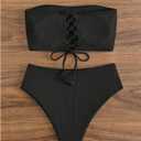 RoseSeek Women's 2 Piece Bikini Sets Ribbed Knit Bandeau Top and High Waisted Panties Summer Swimwear (Black, M)