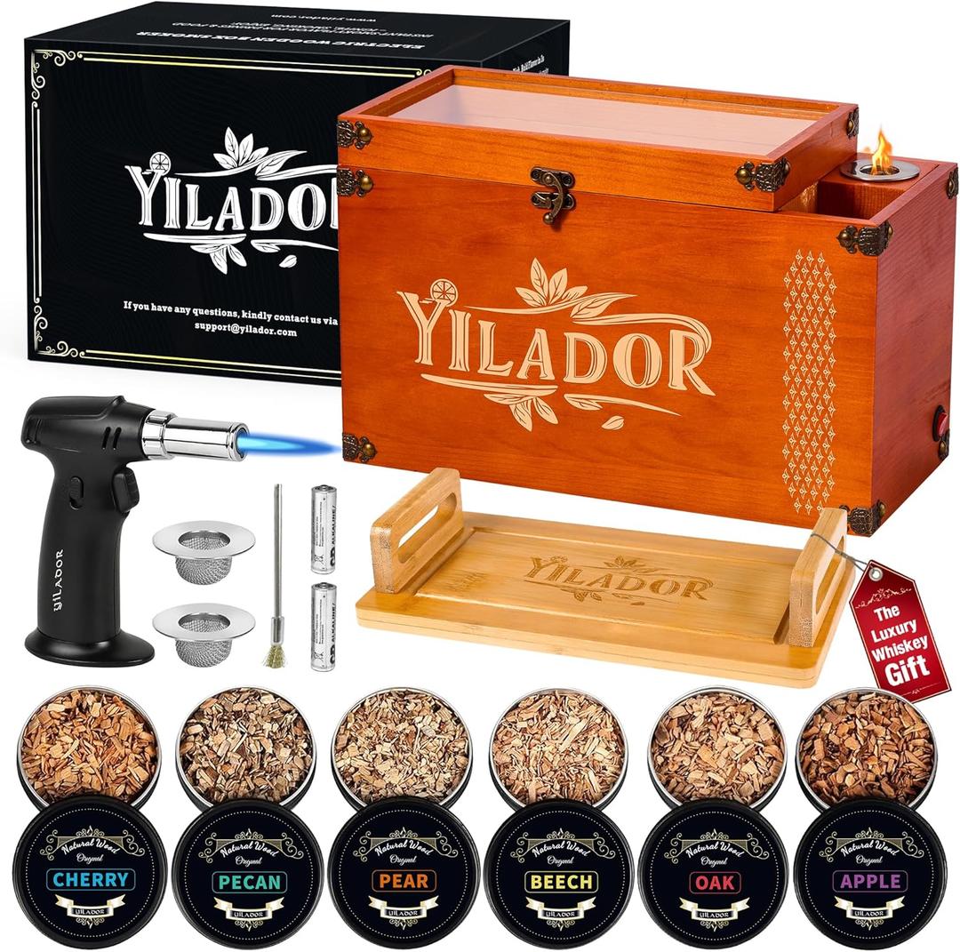 Old Fashioned Smoker Kit  Premium Wooden Gift Box for Whiskey & Cocktails, Electric Fan-Powered 2-in-1 Drink & Food Smoker, Bourbon Whiskey Gift for Men, Complete Set (Smoking Gun Not Required) (Reddish Brown)