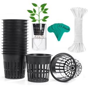 ORIMERC 4 inch 15 Pack Net Cups Pots, with 15 feet Self Watering Rope, 15 Plant Labels, for Hydroponics Aquaponics Kratky Orchid Vegetable Indoor Outdoor Growing Baskets Nursery Slotted Mesh BPA Free (Black)