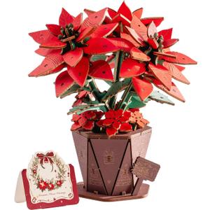 3D Flower Wooden Puzzles for Adults-Poinsettia, DIY Wooden Flowers Model Kit Building Set Crafts for Adults to Build, Botanical Collection/Ideal Creative Gift Ideas/Housewarming (153PCS)