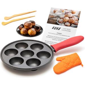 KUHA Cast Iron Aebleskiver Pan - Non Stick Pan for Authentic Danish Stuffed Pancakes - Electric Stovetop Compatible Pancake Maker for Poffertjes, Takoyaki, Appam, Kuli Paniyaram, Baking Cooking