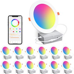 SikSog Smart Recessed Lighting 6 Inch RGBCW Color Changing 16W LED Downlight with Junction Box,1350 Lumen Recessed Ceiling Light Compatible with Alexa, Dimmable by Bluetooth Control -12Pack