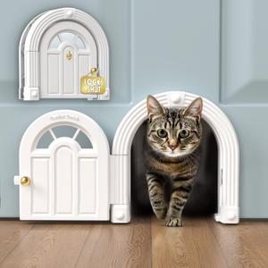 Meow Manor Cat Door Interior Door - No-Flap, Interior Cat Door for Cats Up to 20 lbs, Easy DIY Setup, Secured Installation in Minutes, No Training Needed (Original, White With Gold Accents)