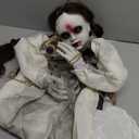 Scary Halloween Decorations Outdoor, Hanging Swinging Girl Ghost with Lighted Eyes and Creepy Sound, Sound Activated Scary Animatronic Doll Prop for Haunted House Yard Porch Halloween Party Decor