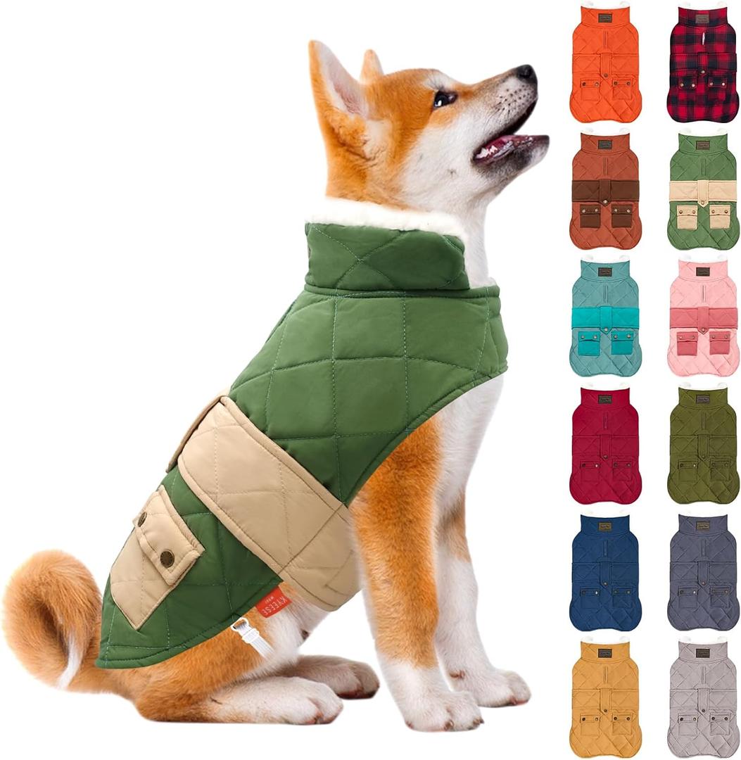 KYEESE Dog Coat Thick Pets Clothes with Pocket Warm Pet Winter Puffer Coat with Leash Hole Waterproof Dogs Jacket with Fleece Lined Soft Pet Sweater for Cold Weather Windproof Dog Coats for Small Dogs (Medium, 11# Green)