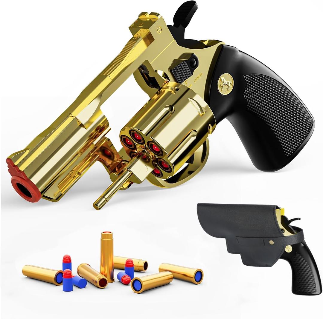 Revolver Toy Gun with Holster Gold - Soft Bullet Western Cowboy Prop Revolver Gun Plastic Play Cap Guns Pistol for Kids Boys Age 6+ Foam Blaster CS Toy Rifle Sniper Small Hand Gun Cosplay Shoot Game