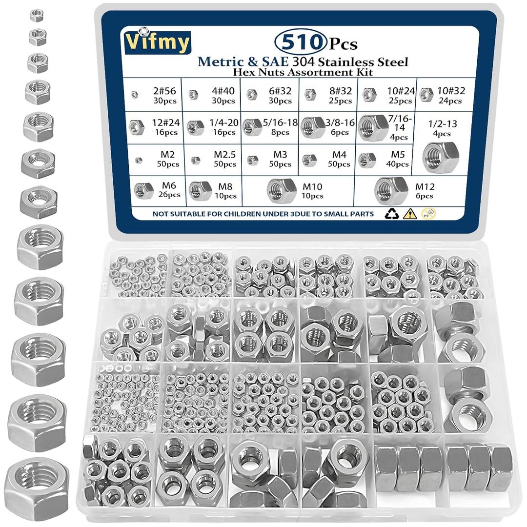 2 in 1 SAE & Metric Hex Nut Assortment Kit(510pcs),2#56 4#40 6#32 8#32 10#24 10#32 12#24 1/4-20 5/16-18 3/8-16 7/16-14 1/2-13 M2 M2.5 M3 M4 M5 M6 M8 M10 M12 304 Stainless Steel Nuts Set