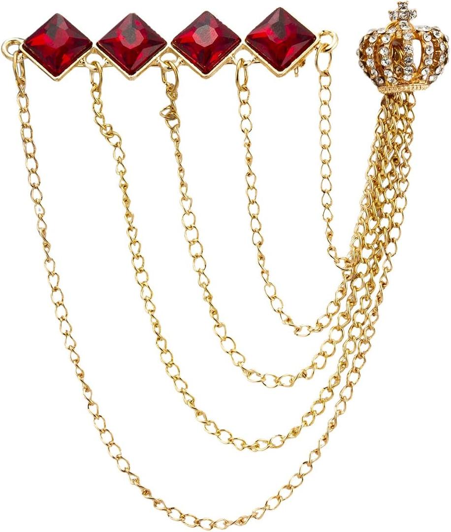 Knighthood Golden Metal Diamond Cut Red Stone Bar with Hanging Chains and Gold Crown Brooch for Men and Women