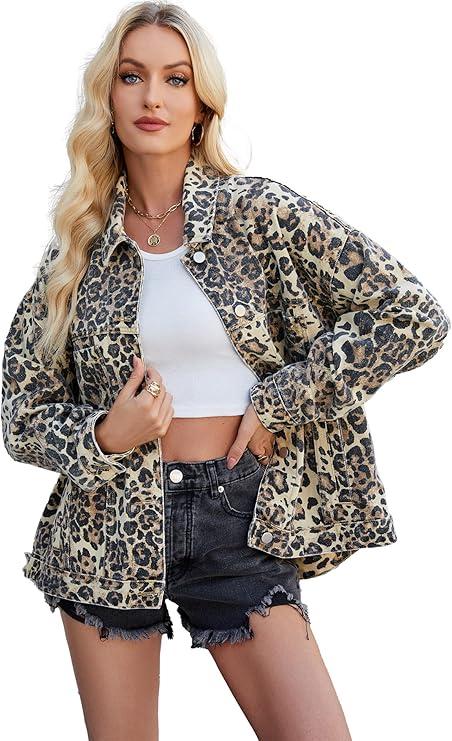 D-Sun Women Casual Denim Jacket Oversized Leopard Stars Printed Boyfriend Vintage Jean Jacket Coat with Pockets M/S