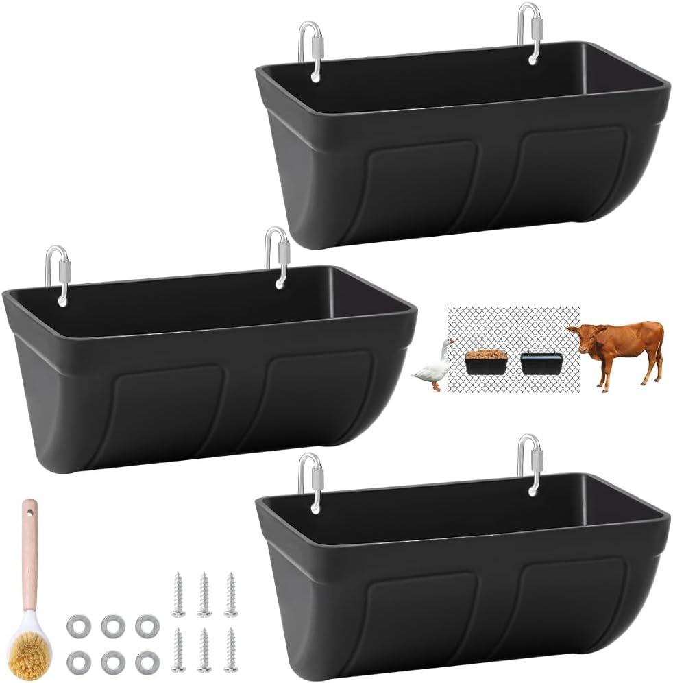 Hanging Chicken Feeder Trough and Goat Feeder, Sheep Deer Poultry Dogs Deers Gooses Duck Fence, 5 Quart Feeder Supplies Livestock Feeding Container Supplies Feeders Waterer Bucket, 3pack Black
