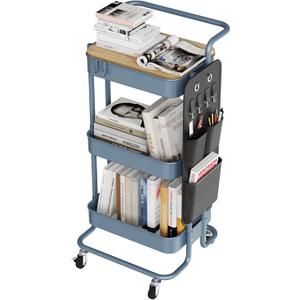 DTK 3 Tier Metal Utility Rolling Cart with Table Top and Side Bags, Metal Tray Storage Organizer Cart with Wheels, Art Craft Cart with 4 Hooks for Kitchen Bathroom Office Living Room (Blue)