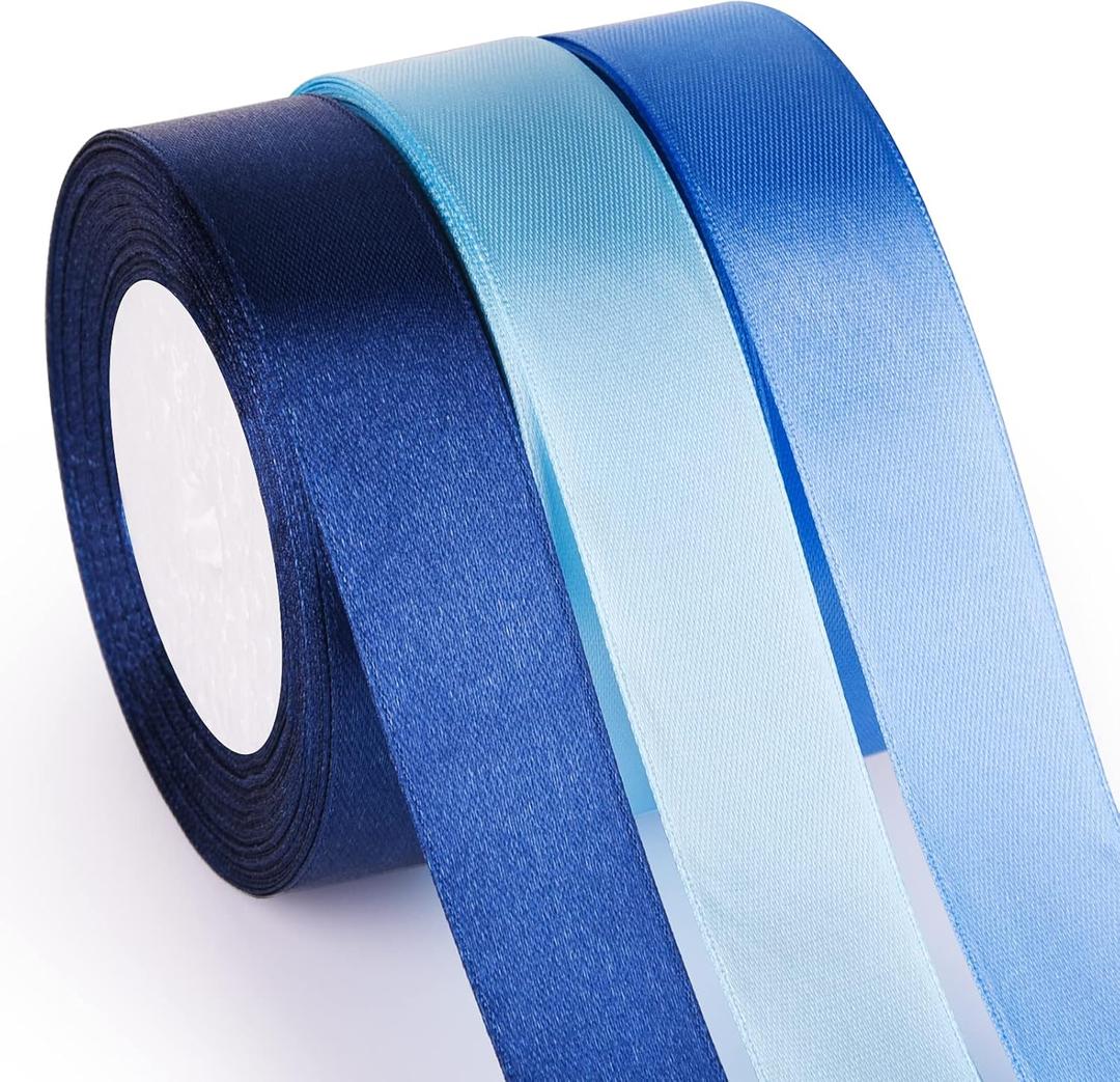ASTARON Blue Satin Ribbon for Wedding Bouquet DIY Crafts 1 Inch, Solid Color Fabric Ribbon for Gift Wrapping Christmas Gift Bows Hair Bows Silk Ribbon for Bouquets Baby Shower Decor