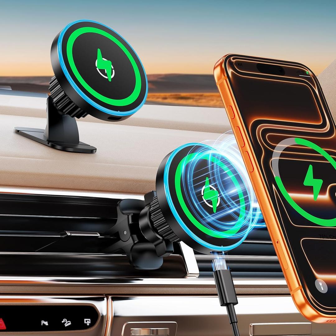 for Magsafe Car Mount Charger, [100% Stable] 15W 2 in1 Magnetic Wireless Car Charger, Vent/Dashboard Phone Holders for Your Car for Women Men Car Phone Holder Car Charger for iPhone 17 16 15 14 13