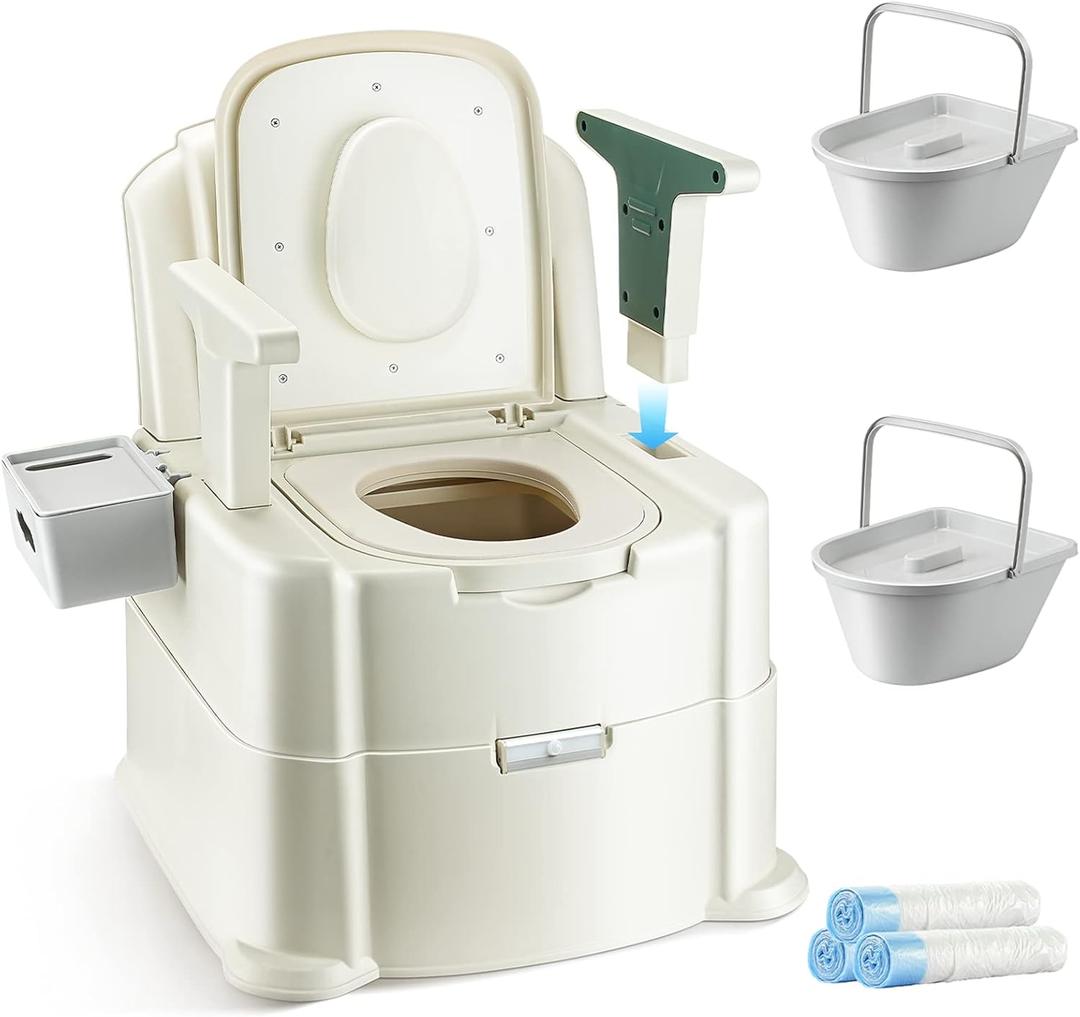 Bedside Commode, Portable Toilet for Adults, Commode Chair for Toilet with Arms, Height Adjustable, 2 Toilets and Induction Night Light, Potty Chair for Elderly and Disabled (White & Green)