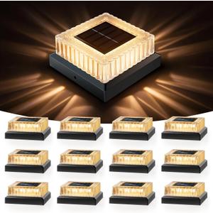 APONUO Solar Post Cap Lights, 12-Pack Fence Post Solar Lights with 20 Lumens 3-Sided Panoramic Glow, IP65 Waterproof Fence, Deck, Patio, Garden Decor, Easy No-Tool Install for 4x4 Posts, Black