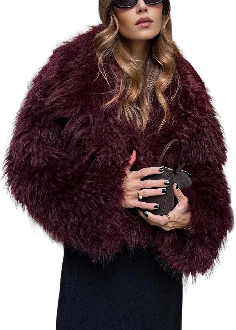 Wyeysyt Womens Faux Fur Coat Cropped Lapel Fluffy Fur Jacket Long Sleeve Open Front Shaggy Fuzzy Outerwear (Large, Winered)